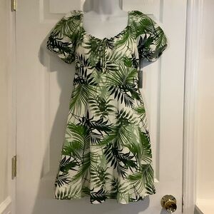 NWT JAPNA Women’s Linen Blend Smocked Green Palm Resortwear Coastal Dress M